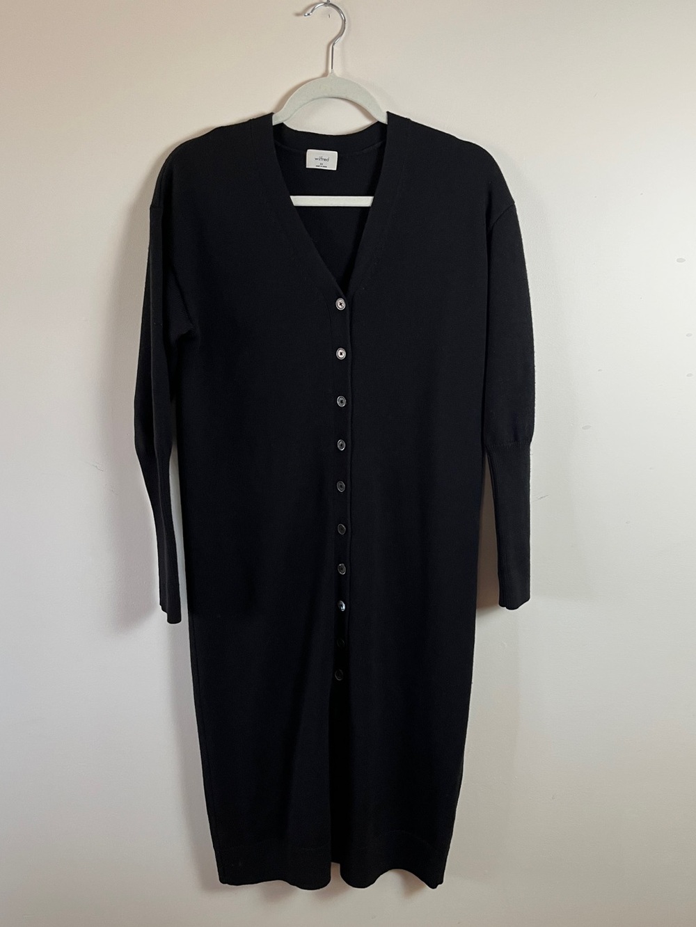 Aritzia Wilfred Utopia Sweater Dress XS Black Merino Wool V-Neck Button Front - Picture 2 of 7